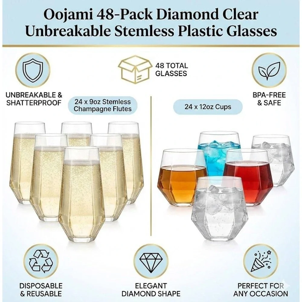 Oojami 48 Pack Diamond Clear Unbreakable Stemless Plastic Champagne Flutes Cups